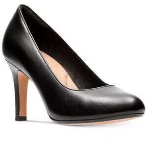 NEW Clarks Women US9 Heavenly Star Black Pump Black Leather Heels Office Comfort